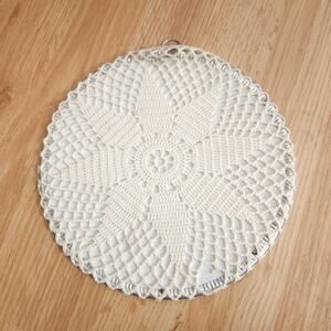 Vintage Crochet Lace Wall Hanging Trivet Silver Tone Edge Ivory 8.75in